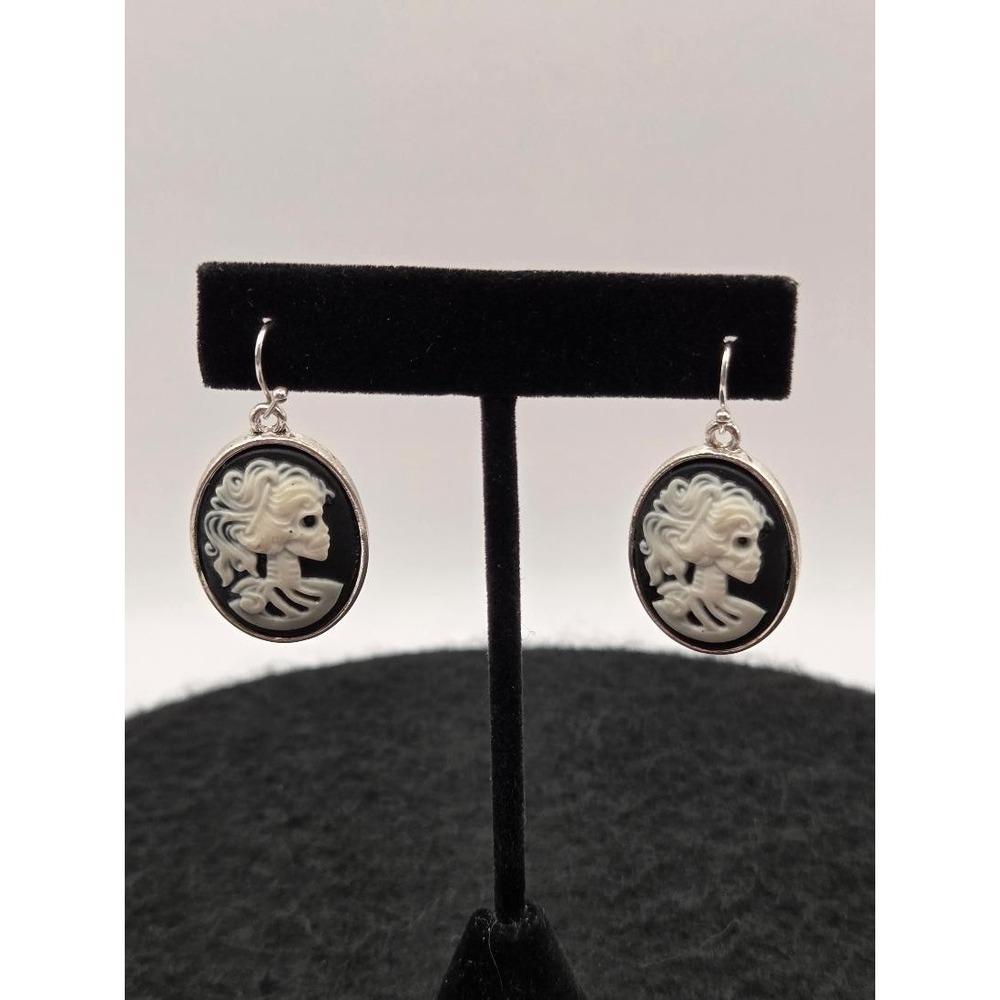 Skeleton Skull Lady Lolita White On Black Earrings Halloween
